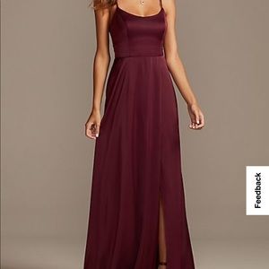 David’s Bridal Crepe-Back Satin Spaghetti Strap Bridesmaid or Prom Dress in Wine